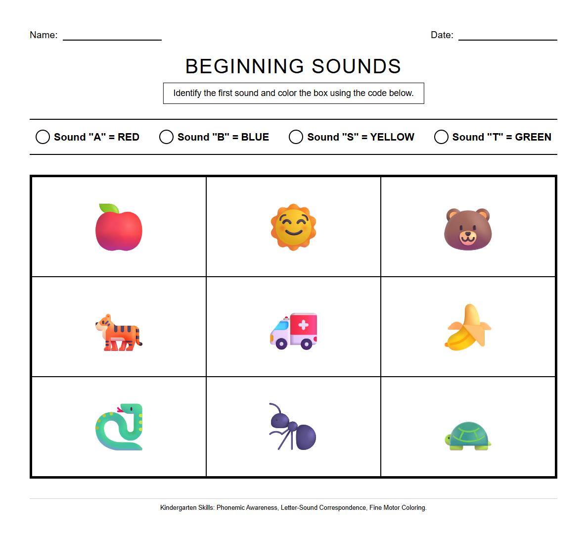 Beginning Sounds Color by Number Worksheet