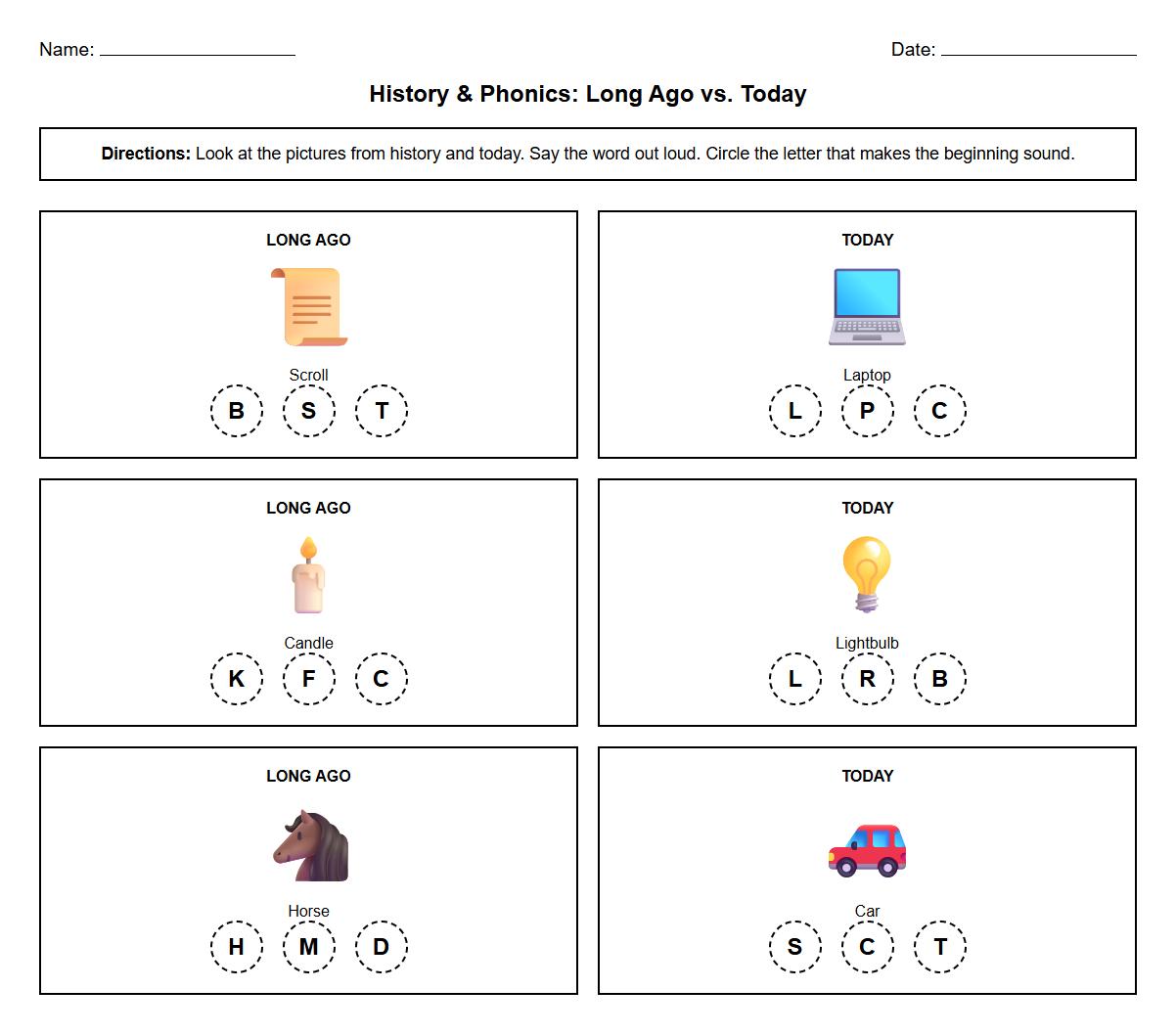 Beginning Sounds History Comparison Worksheet