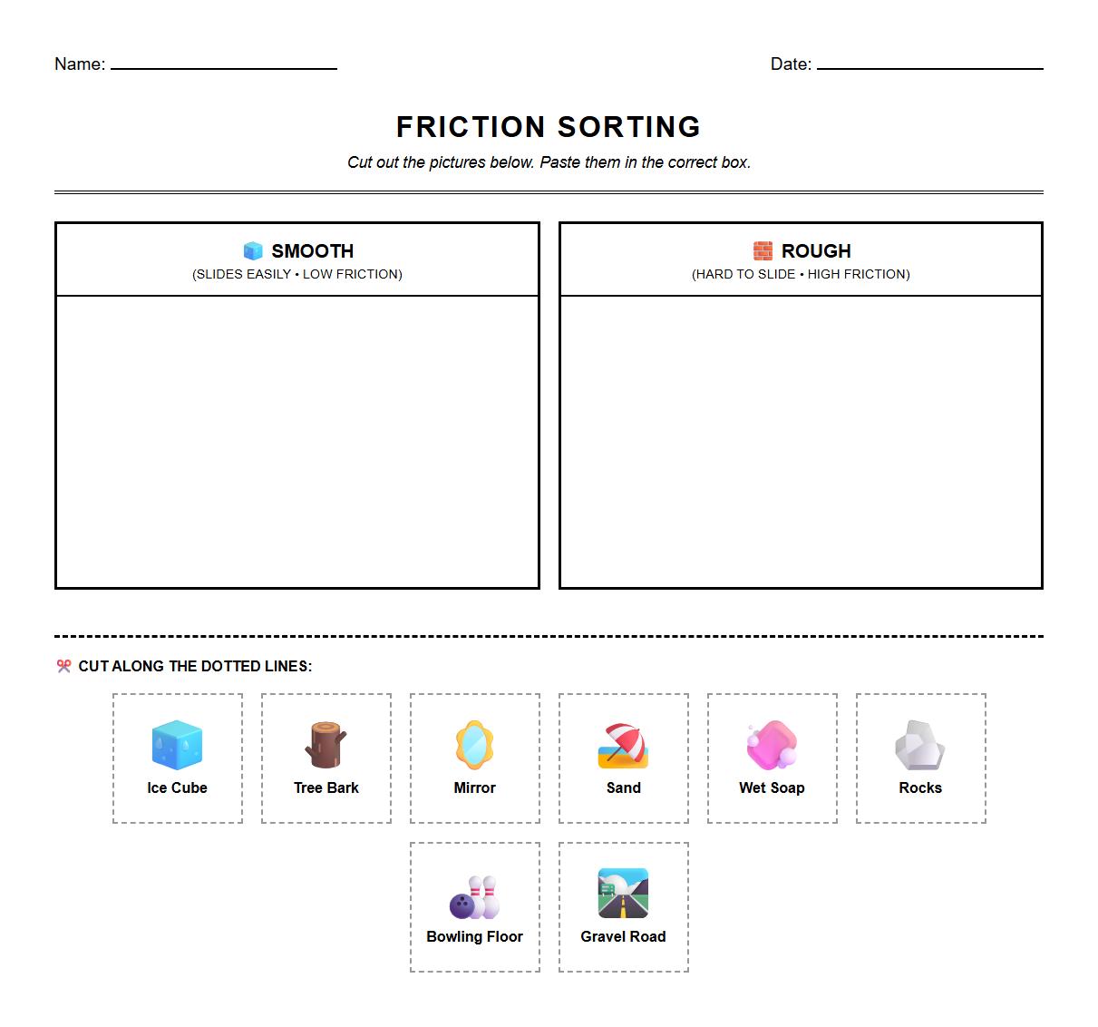 Categorize Worksheet on Friction and Smooth Movements