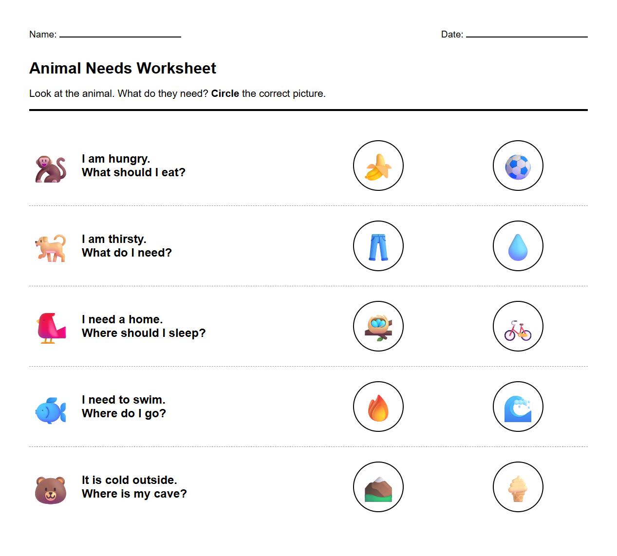 Circle the Correct Animal Need in Each Scenario Exercise