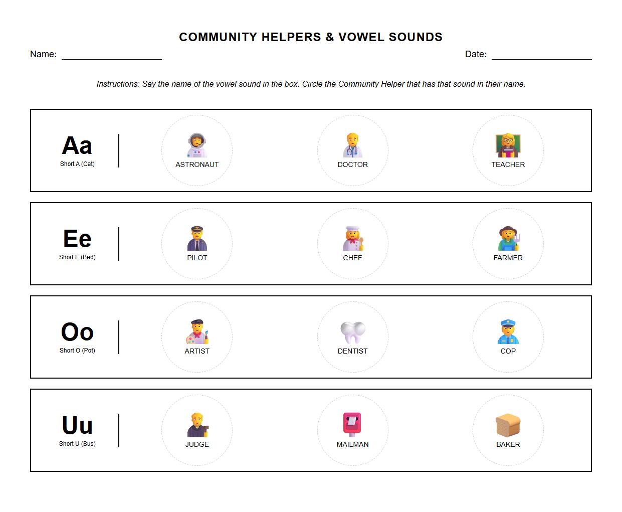 Circle the Correct Helper Worksheet for Vowel Sound Differentiation