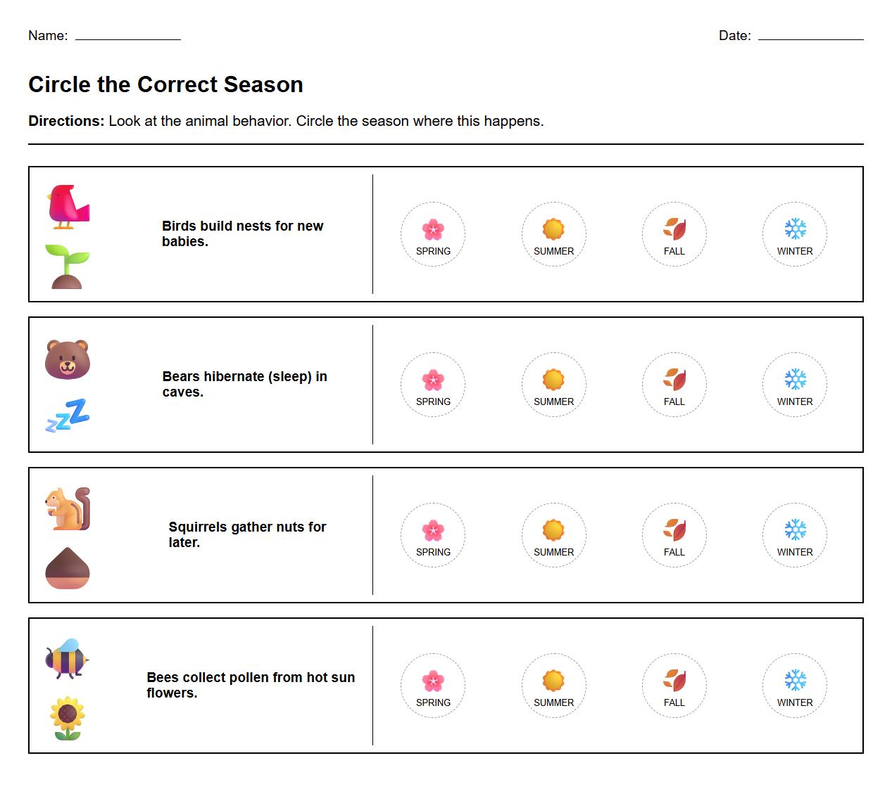 Circle the Correct Season Worksheet Integrating Seasonal Animal Behavior