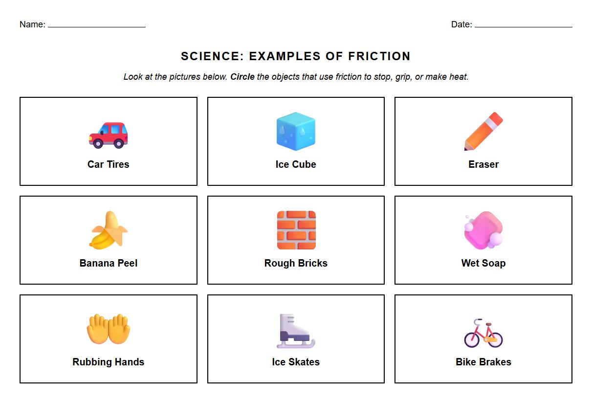 Circle the Object Worksheet for Example of Friction