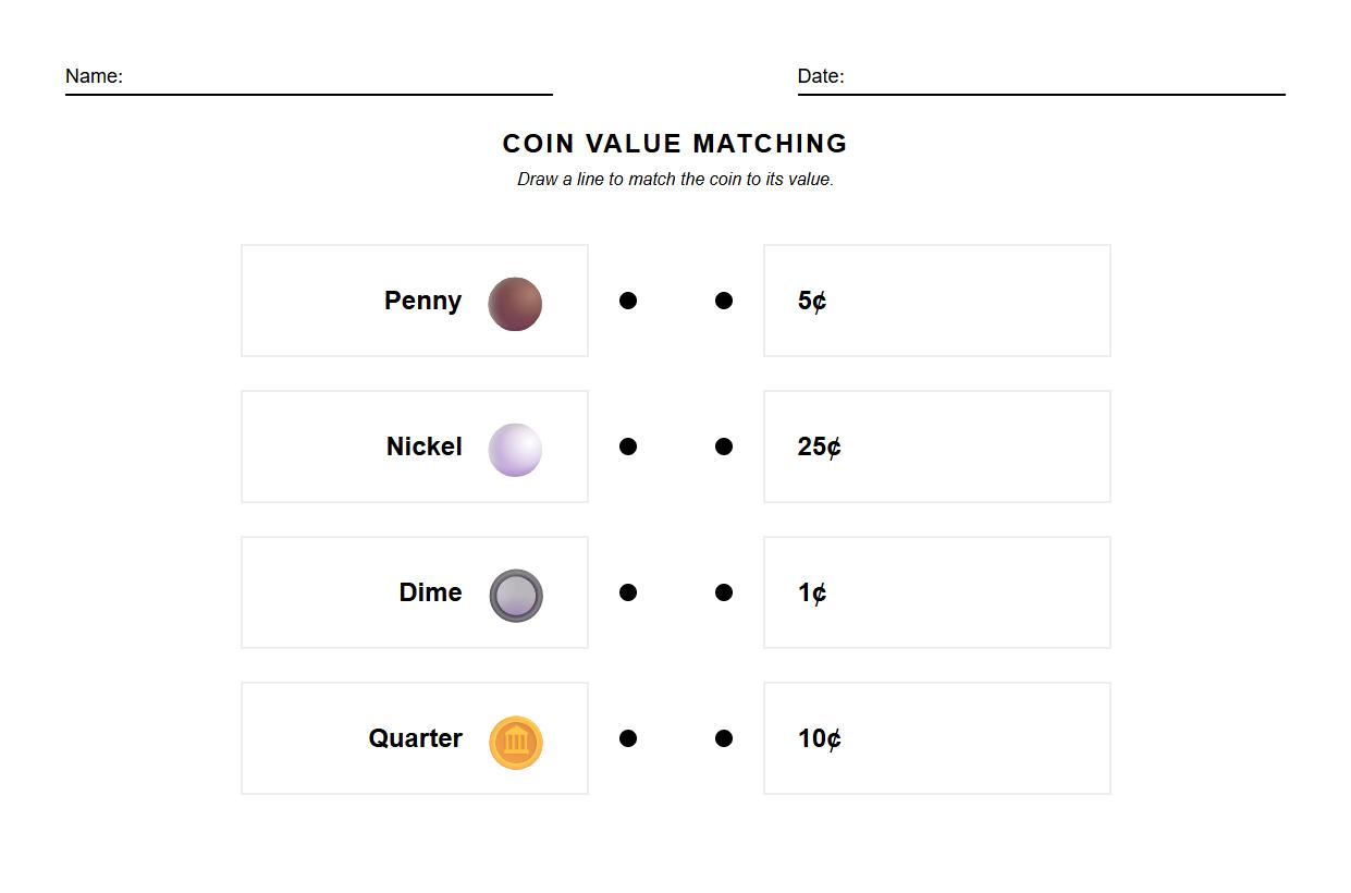 Coin Value Matching with Realistic Images Worksheet