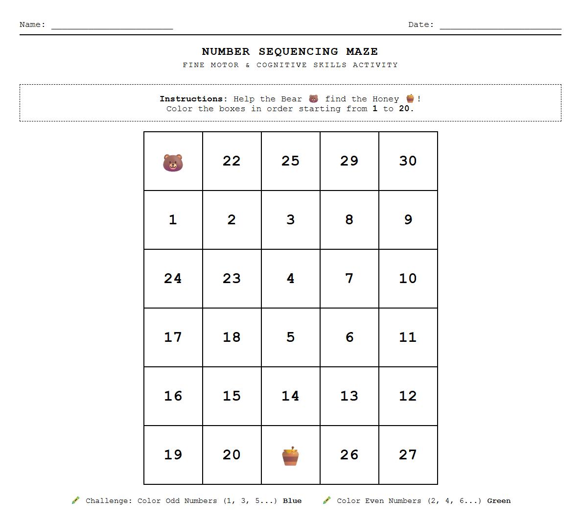 Color Coded Number Sequencing Maze