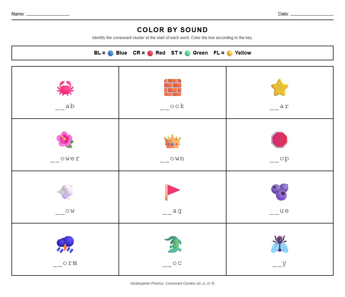 Color by Consonant Cluster Sound Phonics Sheet