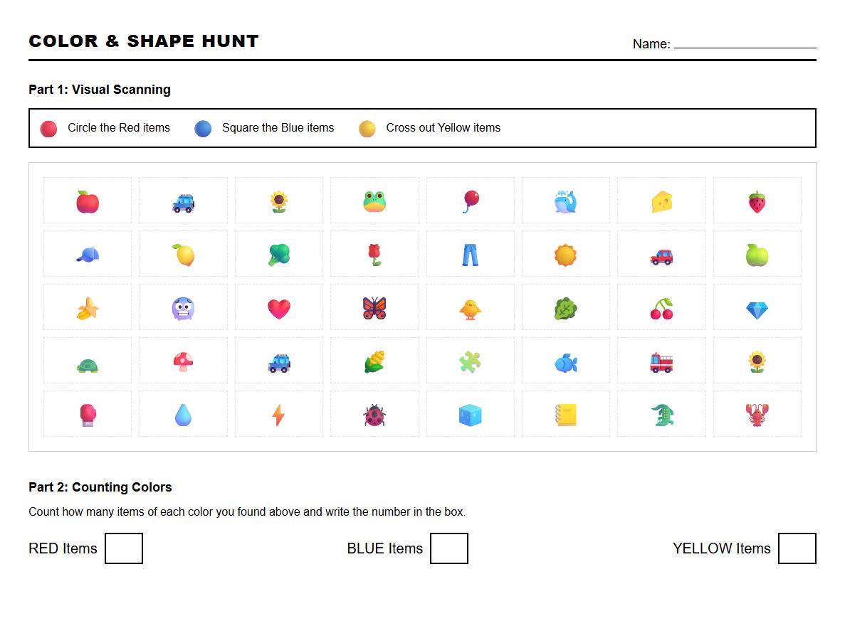 Color Identification and Visual Scanning Worksheet