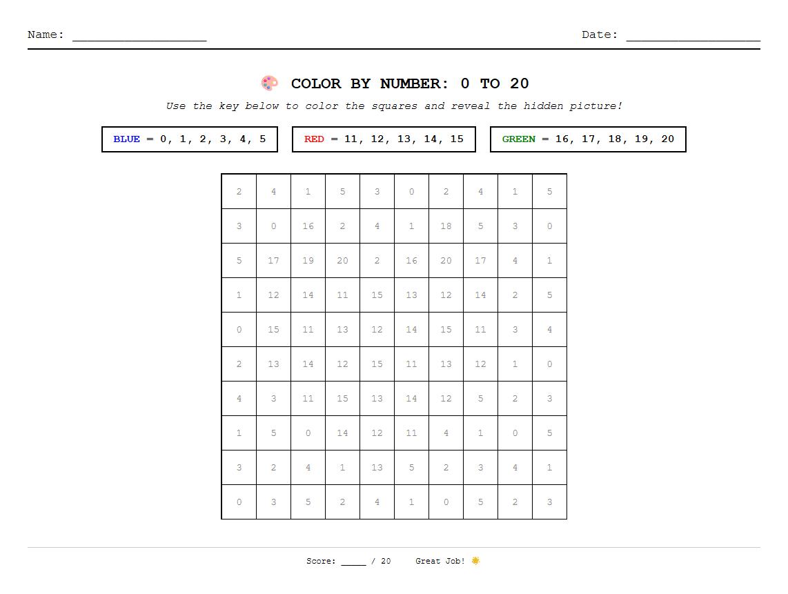 Color by Number Worksheet for Numerical Recognition 0 to 20