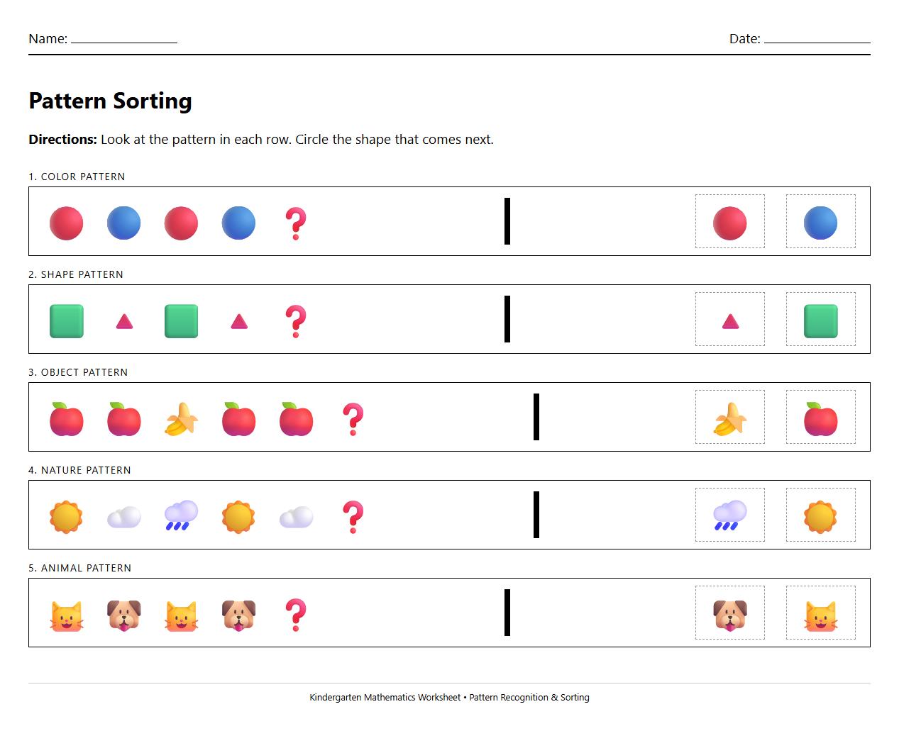 Color pattern sorting activity sheet