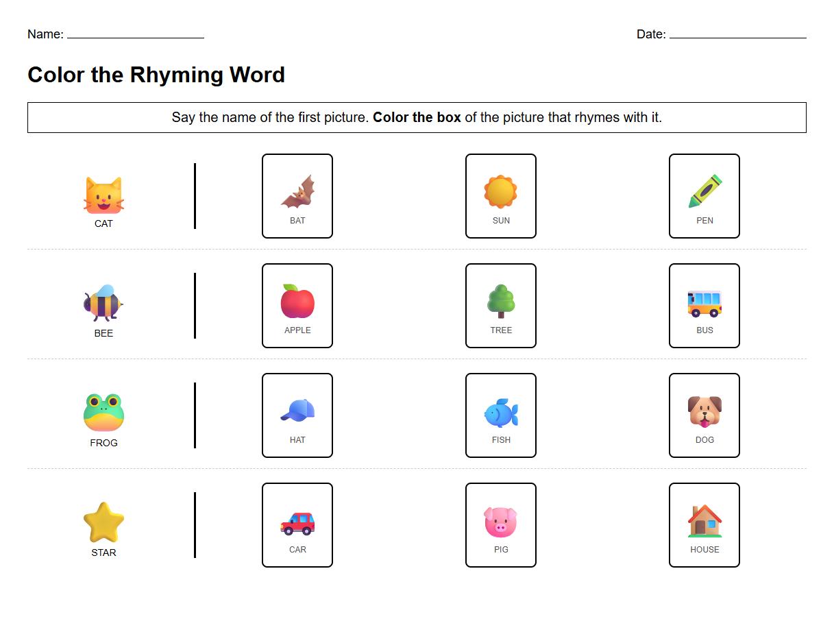 Color the Rhyming Word Worksheet to Develop Auditory Skills