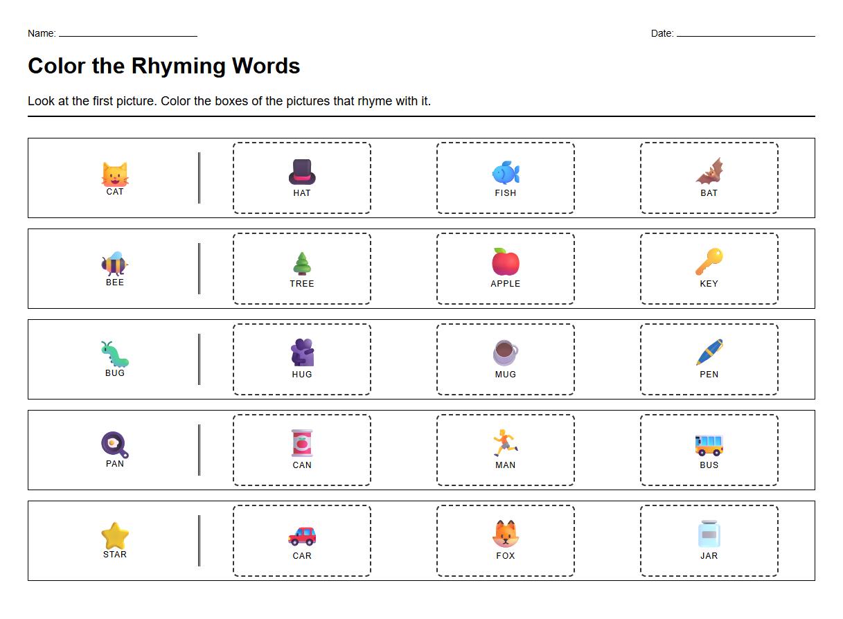 Color the Rhyming Words Phonics Activity