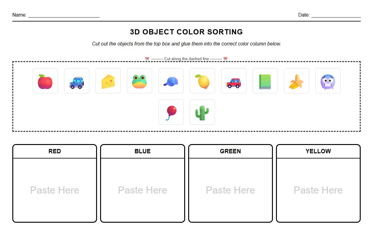 Color Sorting Worksheet Featuring 3D Object Visual Discrimination