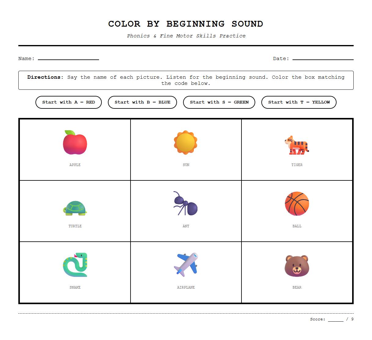 Color by Sound Phonics Following Directions Worksheet