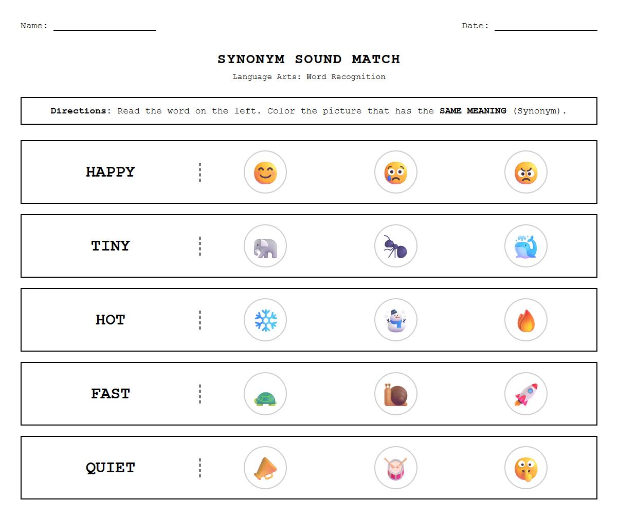 Color the Synonym Sound Recognition Sheet