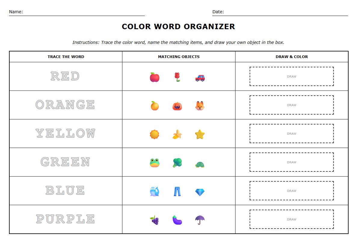 Color Word Semantic Field Graphic Organizer
