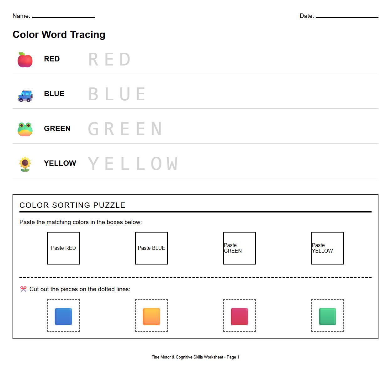 Color Word Tracing and Puzzle Arrangement Worksheet