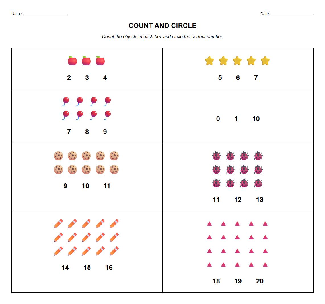 Count and Circle Worksheet for Number Recognition 0 to 20