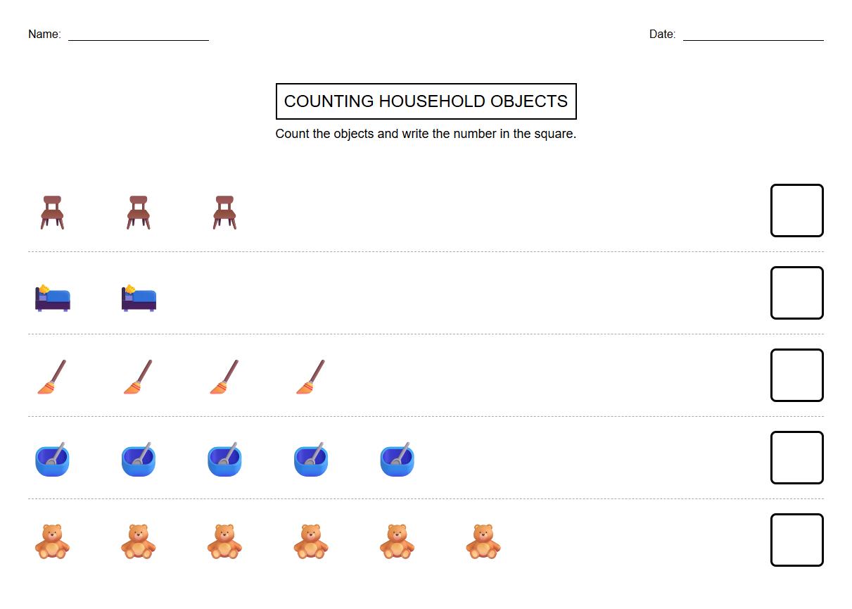 Counting Activities Household Objects Worksheet