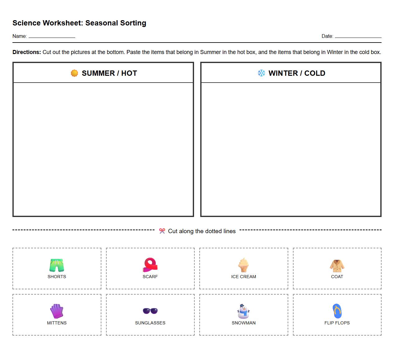 Cut and Paste Activity Seasonal Clothing and Weather Icons