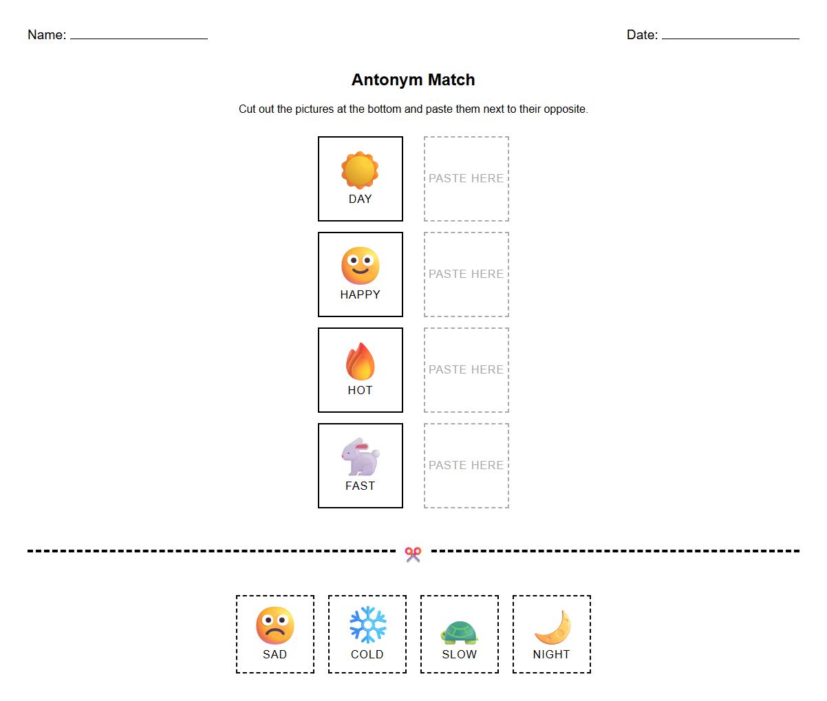Cut and Paste Antonym Pictures