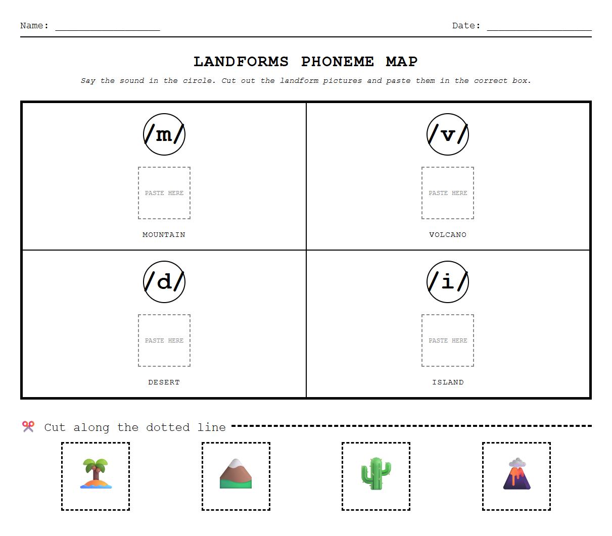 Cut and Paste Phoneme Map Landforms Worksheet