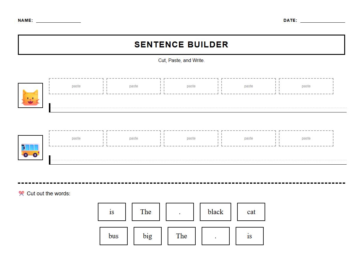 Cut and Paste Phonics Sentence Sequencing Worksheets