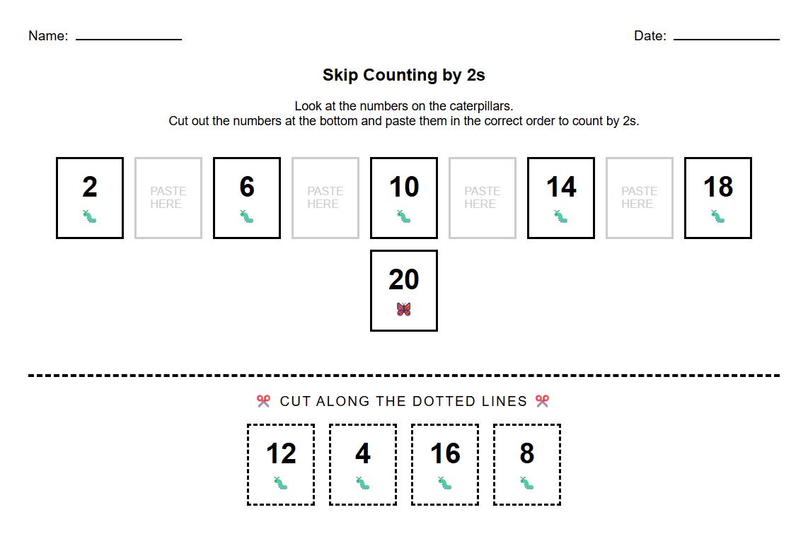 Cut and Paste Skip Counting by 2s Sequencing Activity