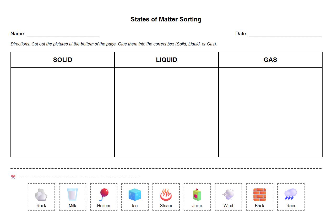Cut and Paste Solid Liquid Gas Classification Activity