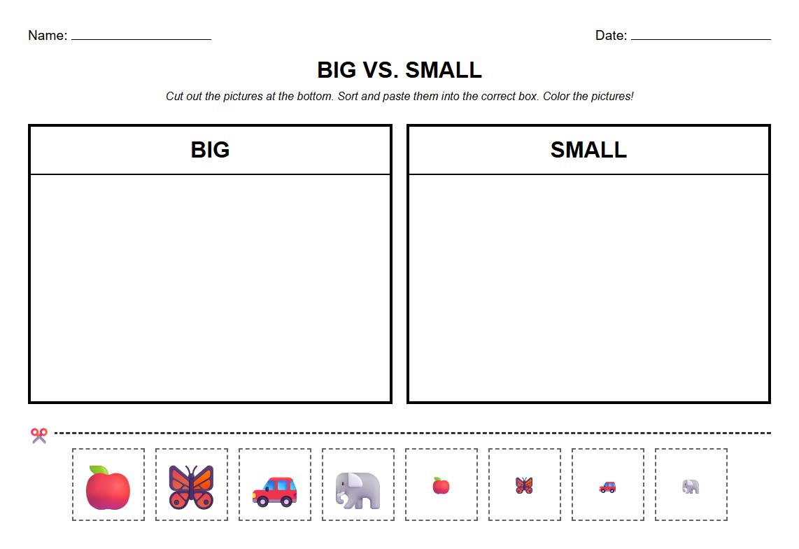 Cut and Paste Sorting Activity: Sort pictures into big and small categories and color