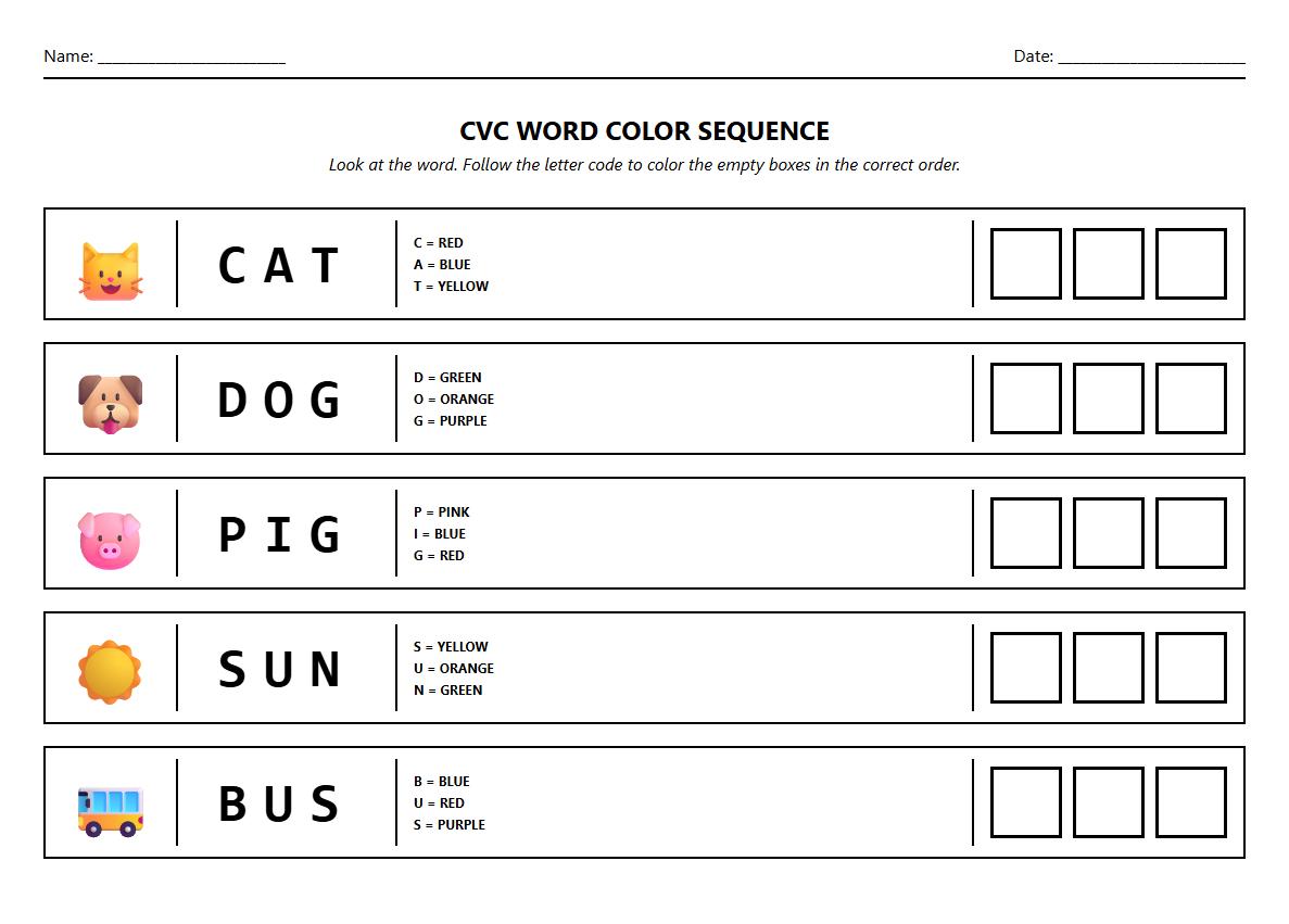 CVC Word Color Sequence Strip Worksheet