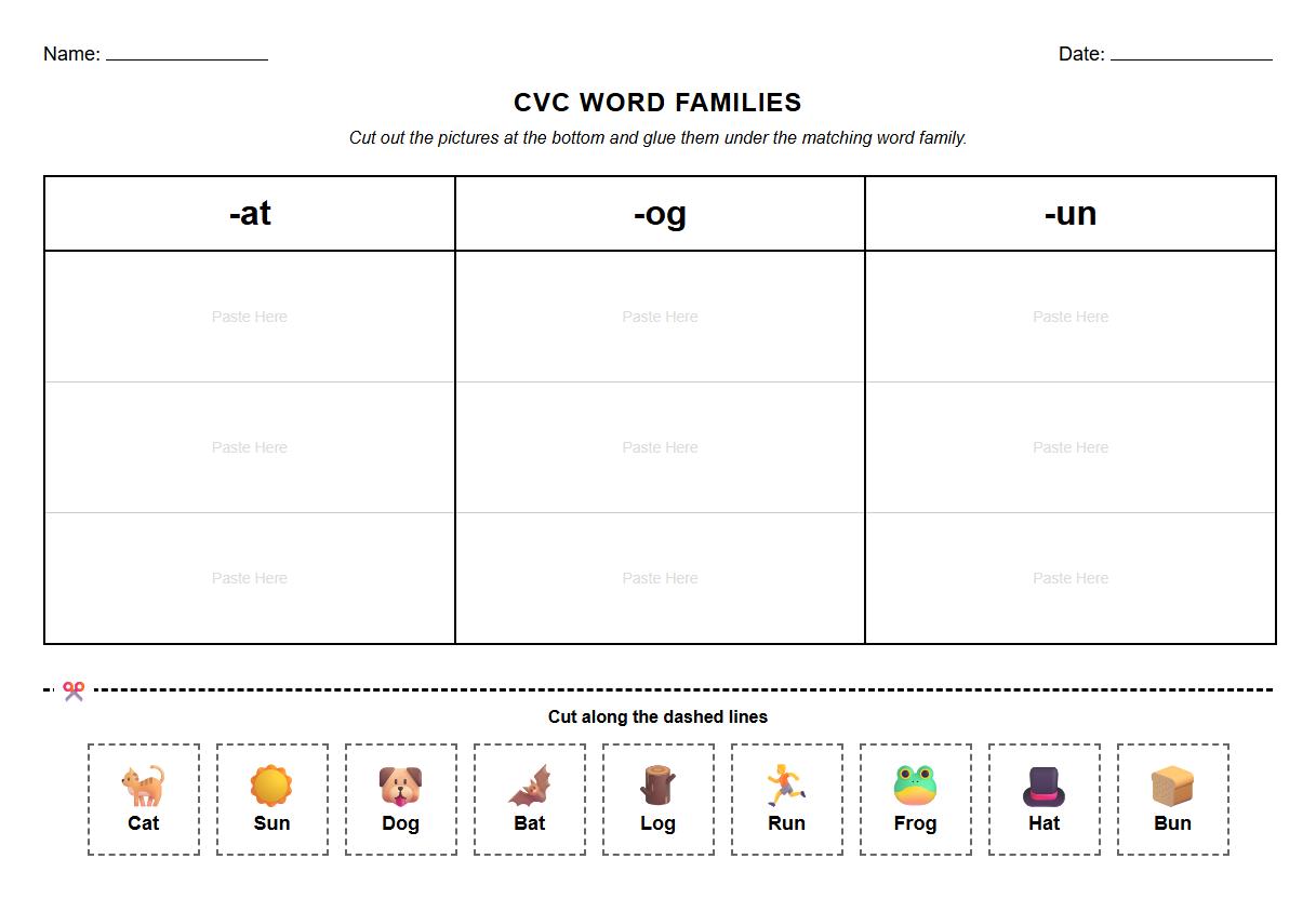 CVC Word Families Cut and Paste Exercise