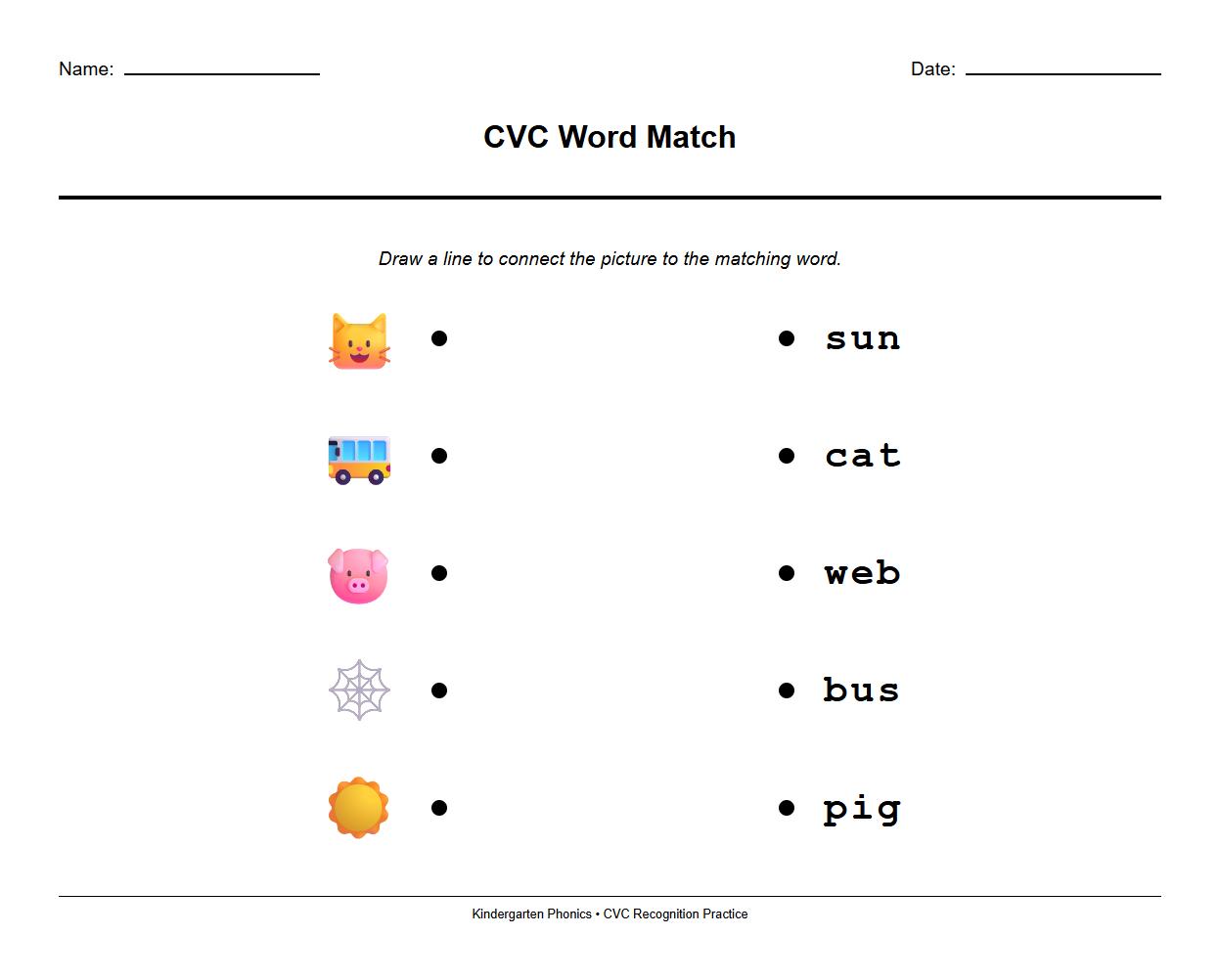 CVC Word Matching Worksheet for Phonics Recognition