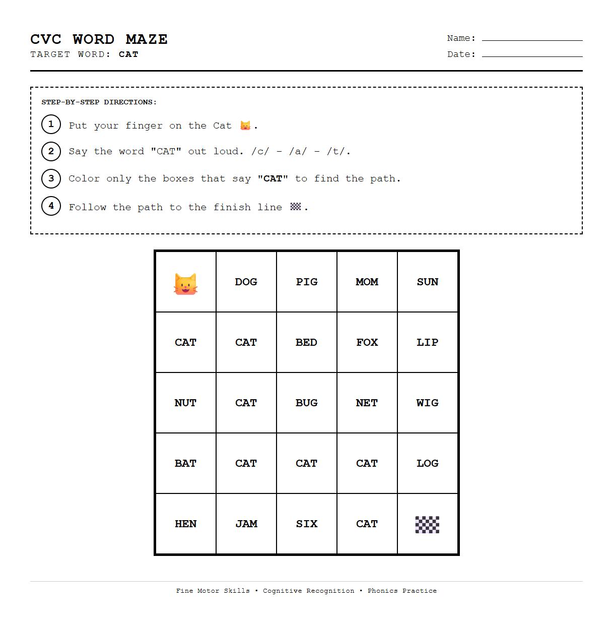 CVC Word Recognition Maze with Step by Step Directions