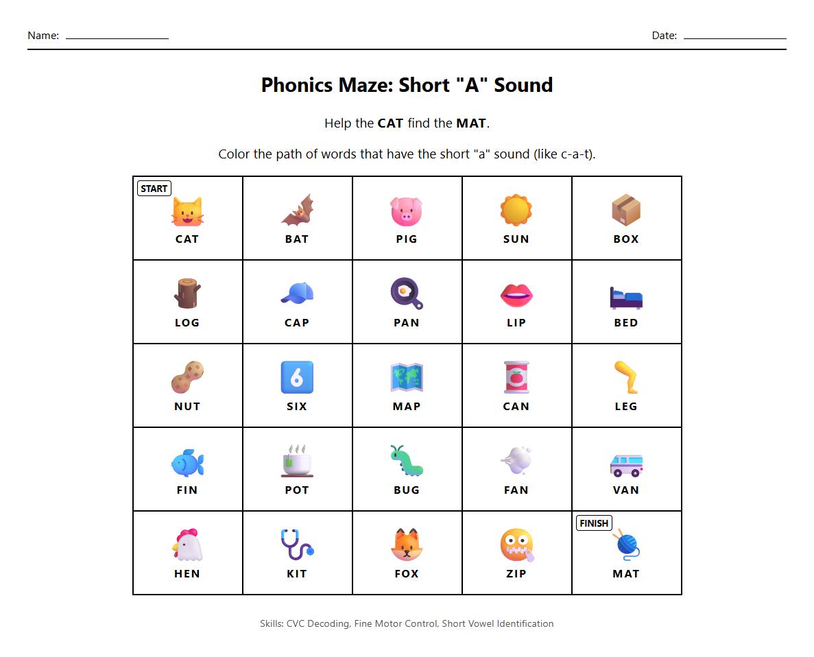 CVC Word Sound Phonics Maze