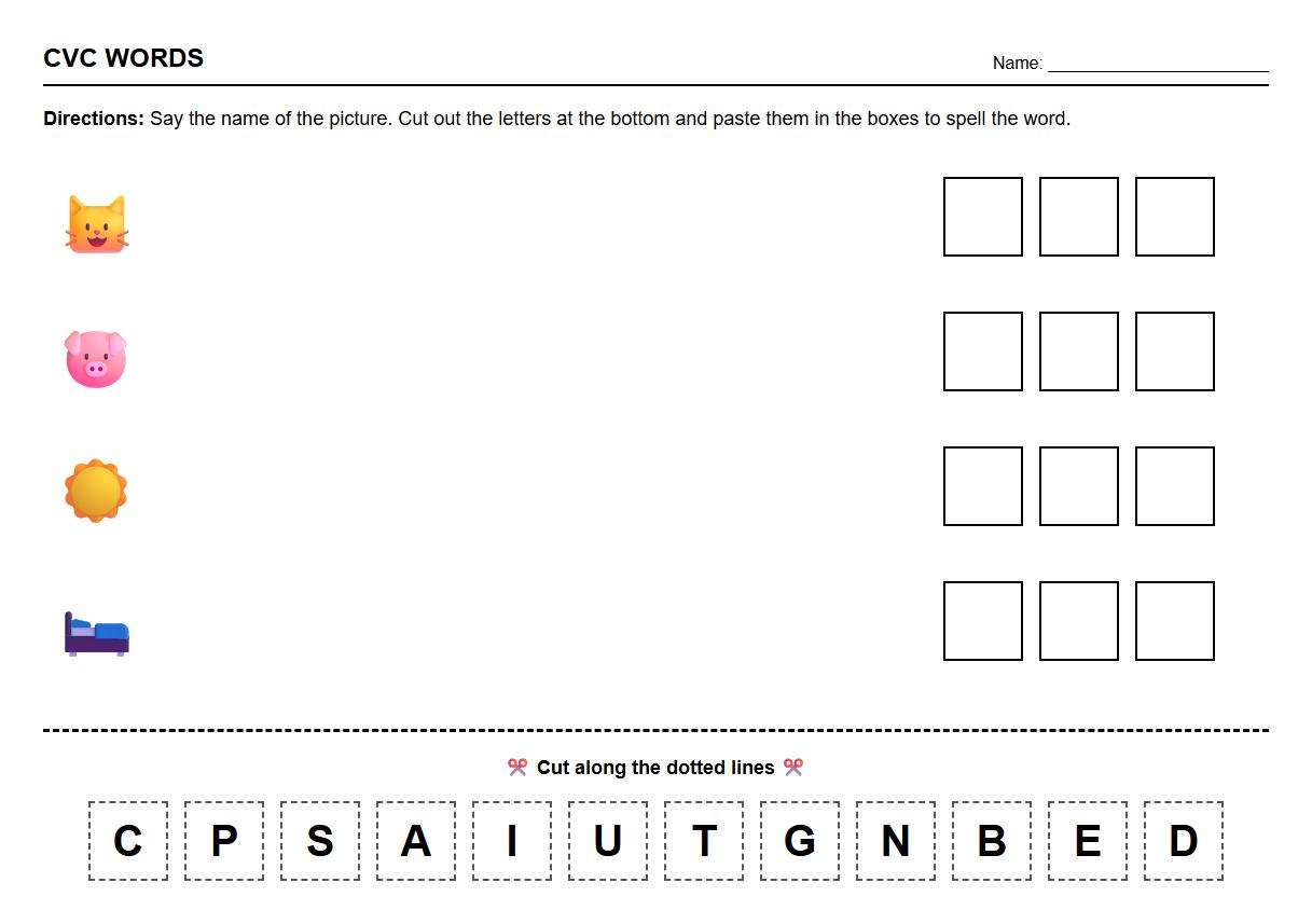 CVC Words Cut and Paste Worksheet for Phonological Awareness