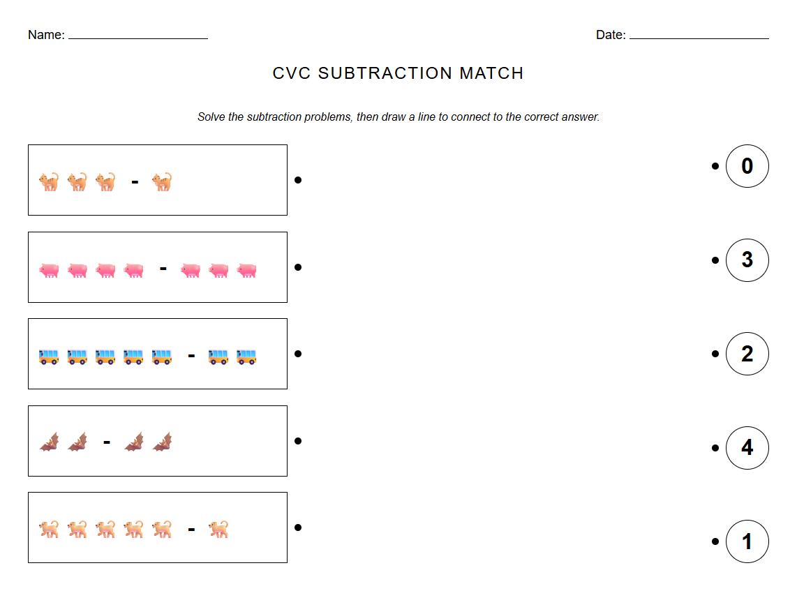 CVC Words Subtraction Matching Worksheet