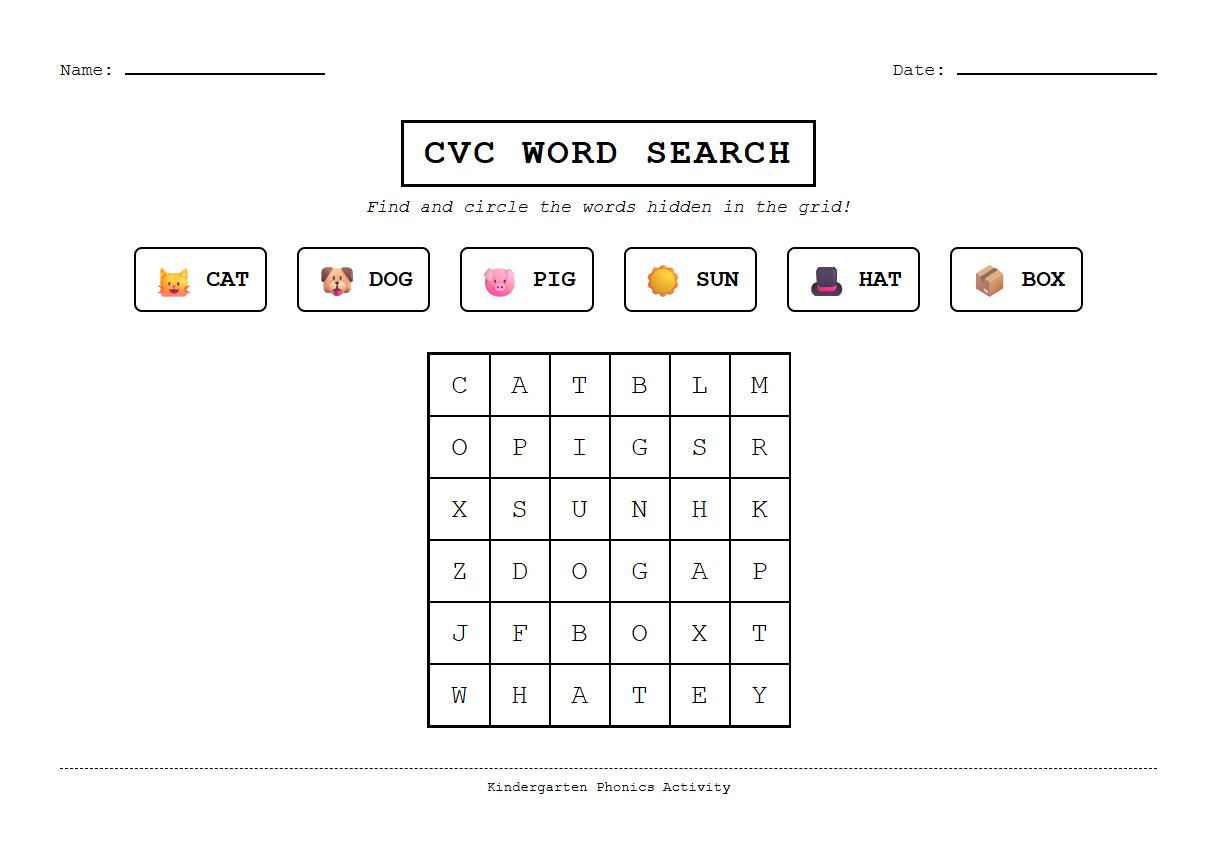 CVC Words Word Search Phonics Activity