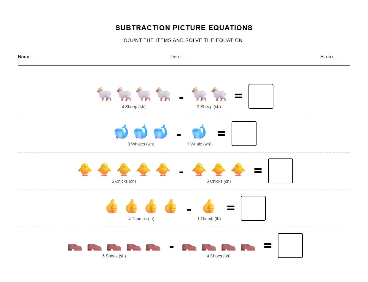 Digraphs Subtraction Picture Equation Worksheet