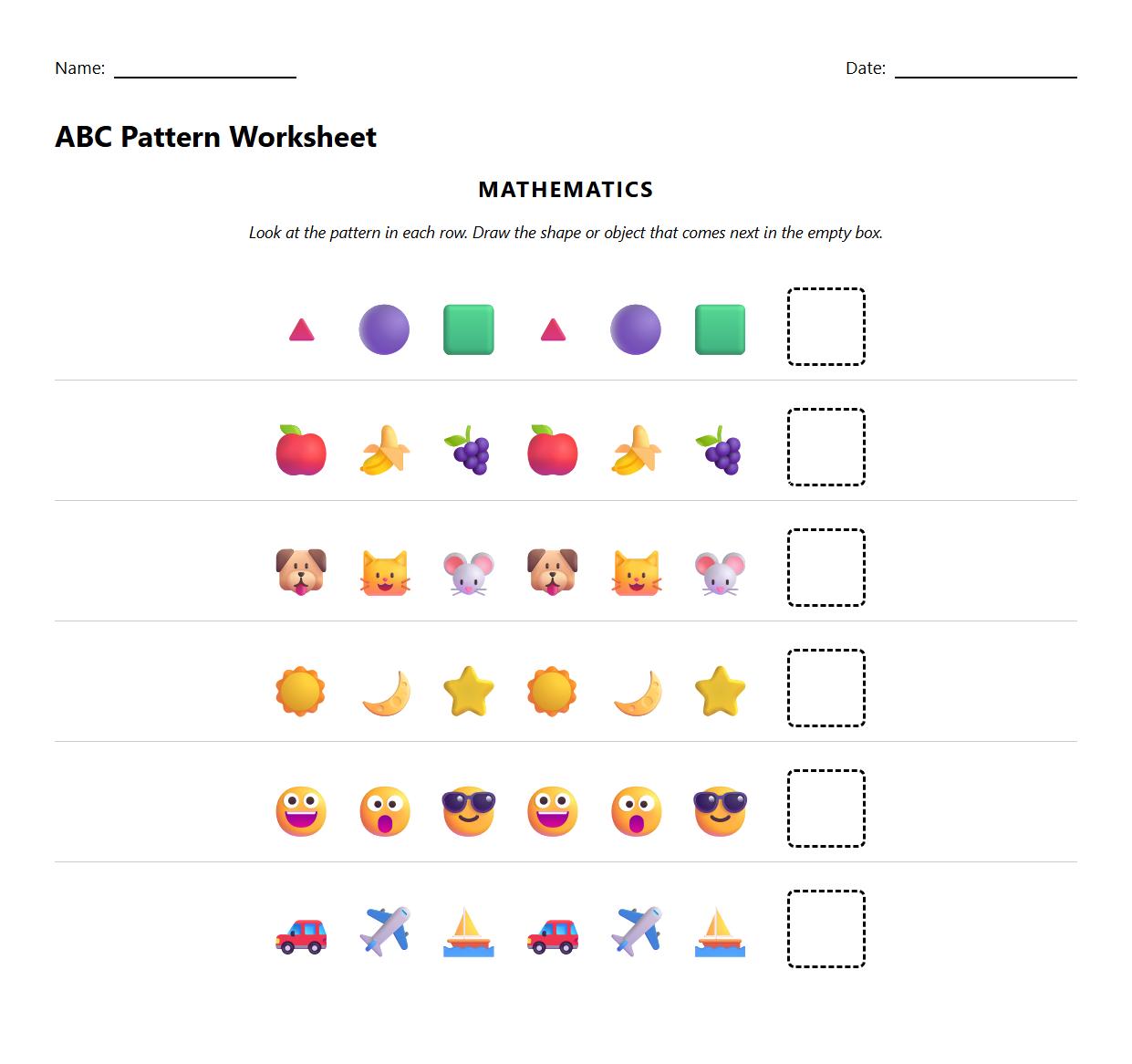 Draw and Complete the Next Step in ABC Pattern Worksheet