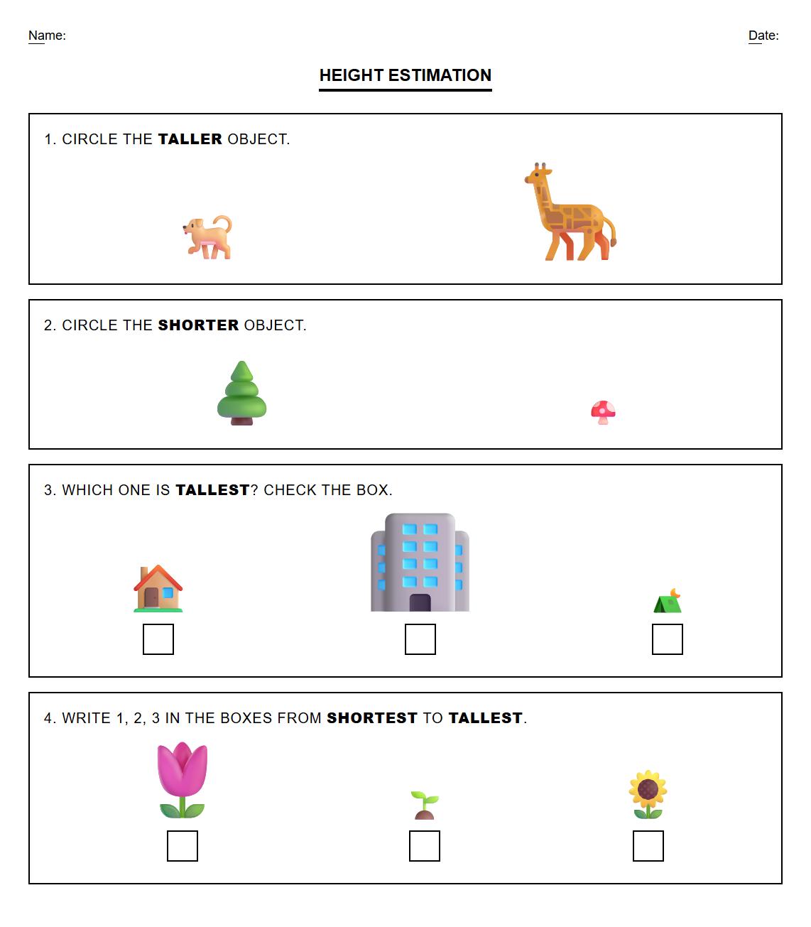Early Math Phonics Worksheet Height Estimation Activities
