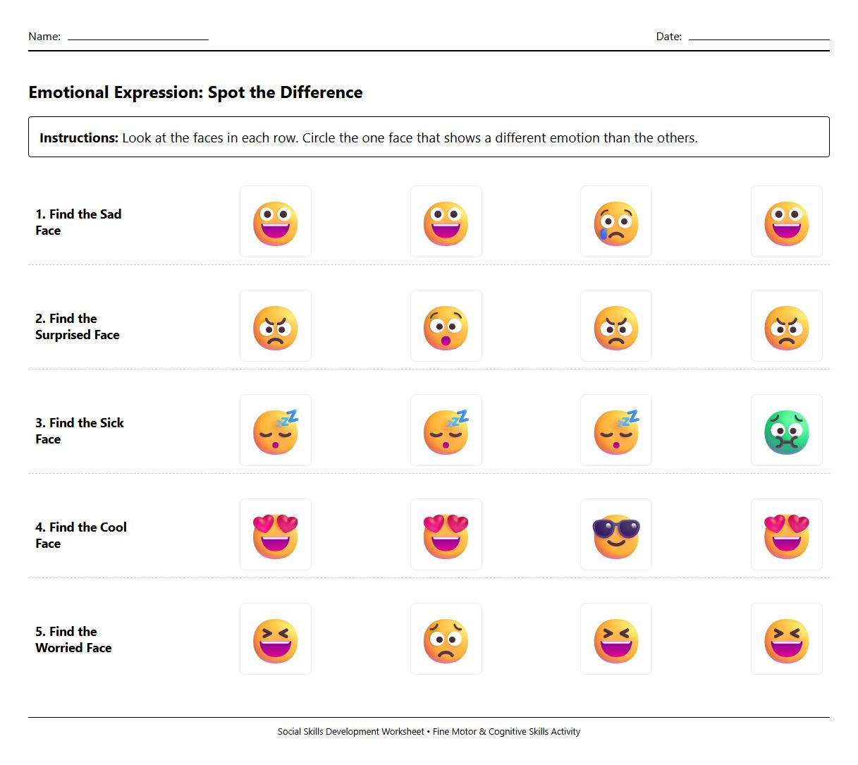 Emotional Expression Spot the Difference Worksheet for Social Skills Development