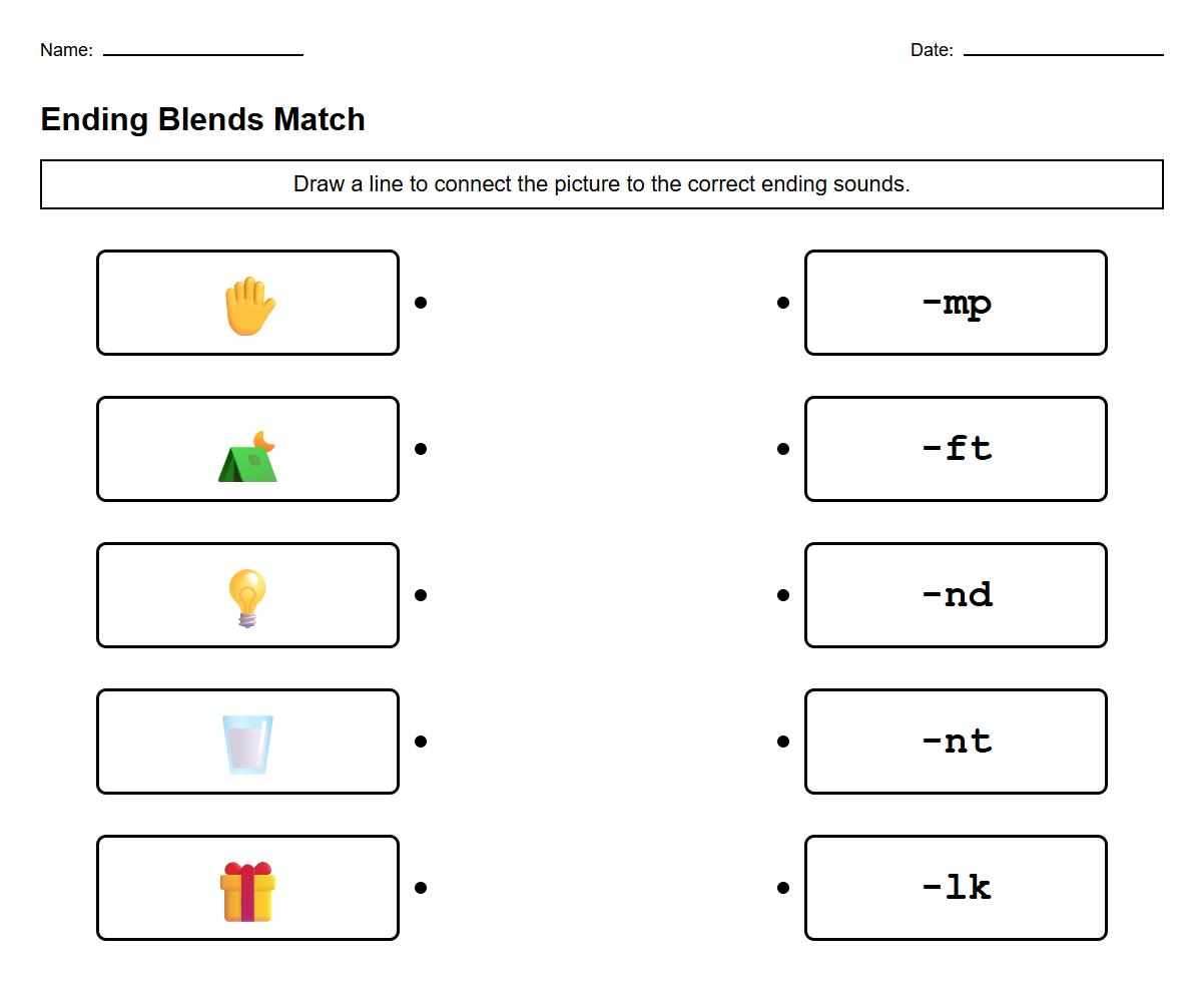 Ending Blends Phonics Picture Match Sheet