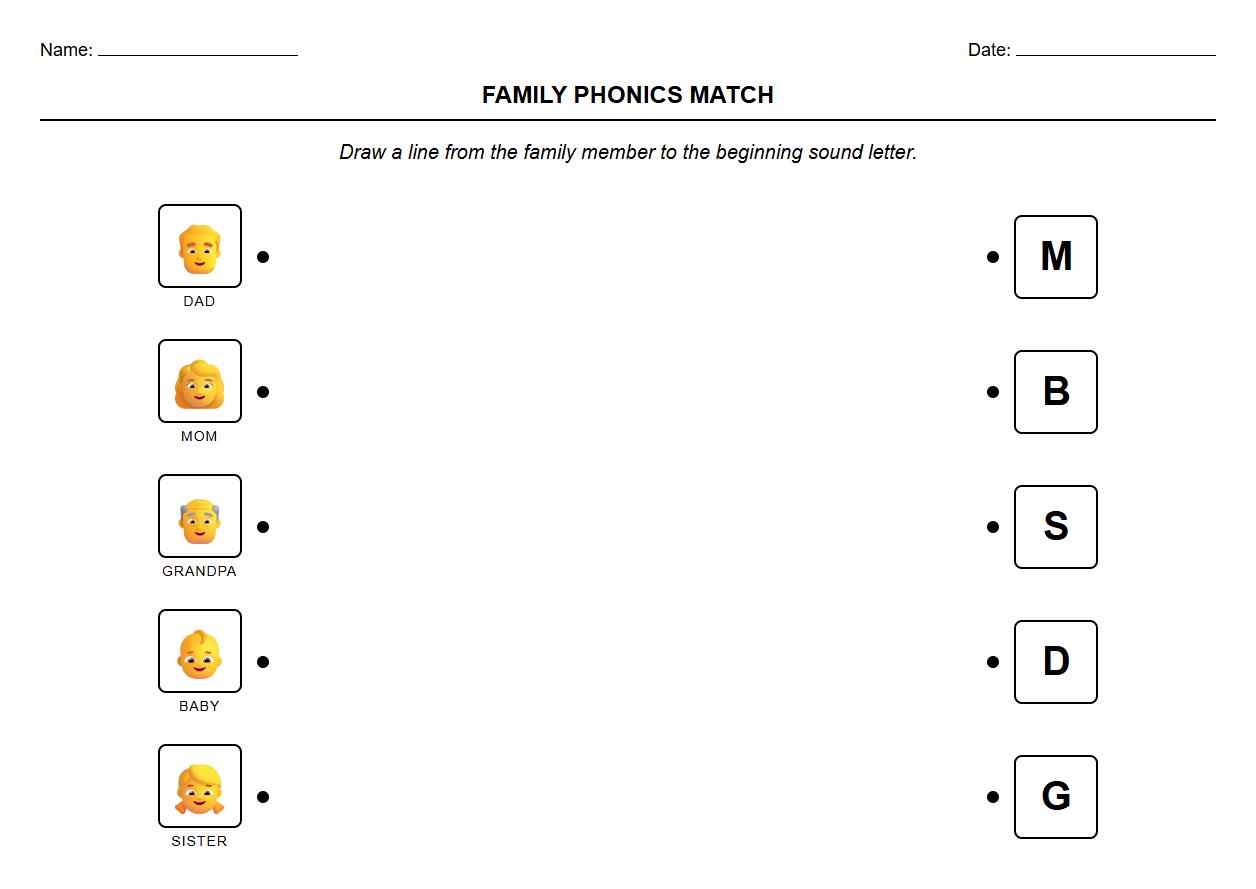 Family Members Picture and Phonics Sound Association Worksheet
