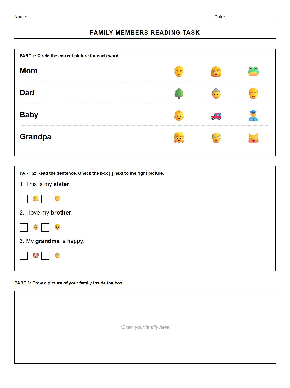 Family Members Reading Comprehension Task