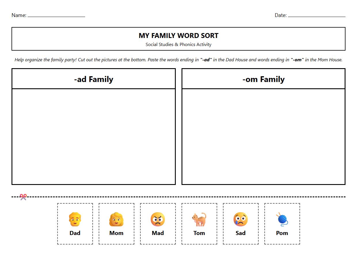 My Family Word Families Sorting Phonics Worksheet