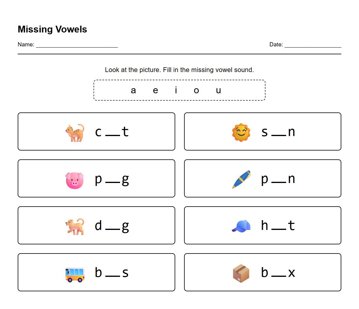 Fill in the Blank Vowel Sound Worksheet