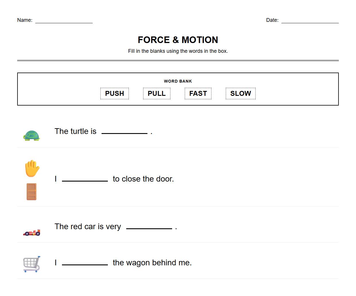 Fill in the Blanks Worksheet for Force Vocabulary Terms