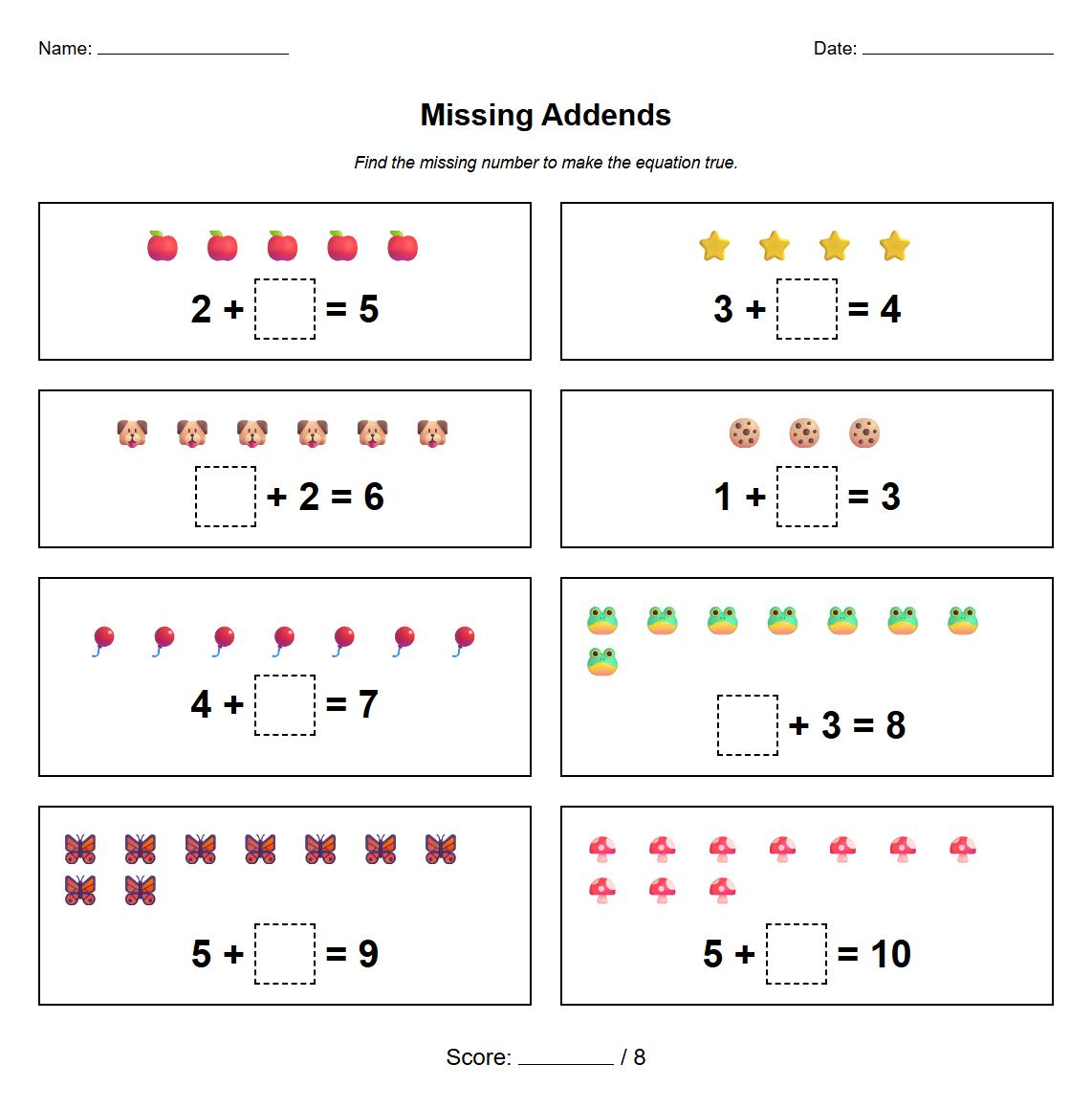 Fill in the Missing Addend Math Worksheet