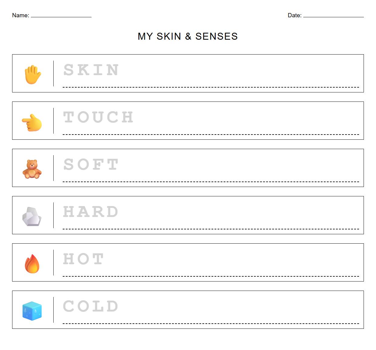 Fine Motor Skin and Senses Word Tracing Worksheet