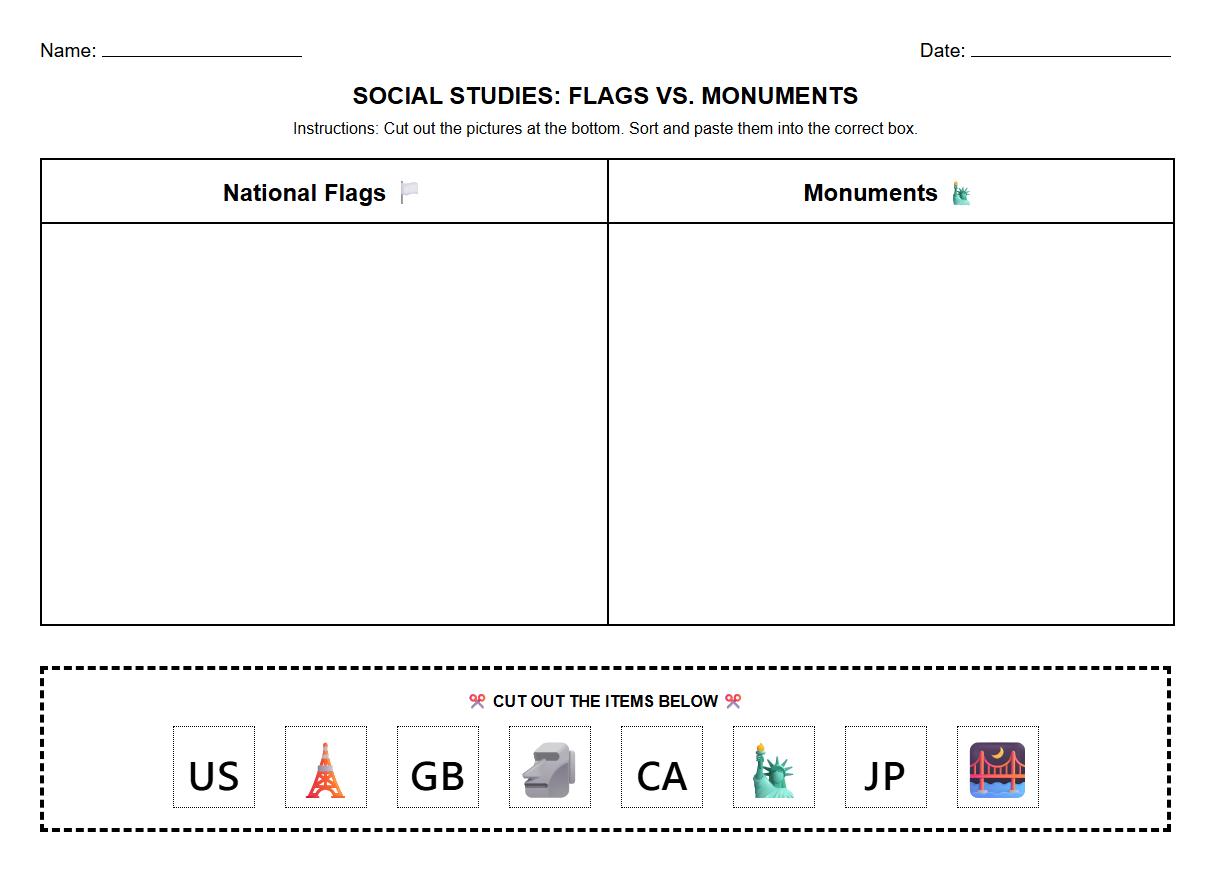Flag and National Monument Identification Sorting Worksheet